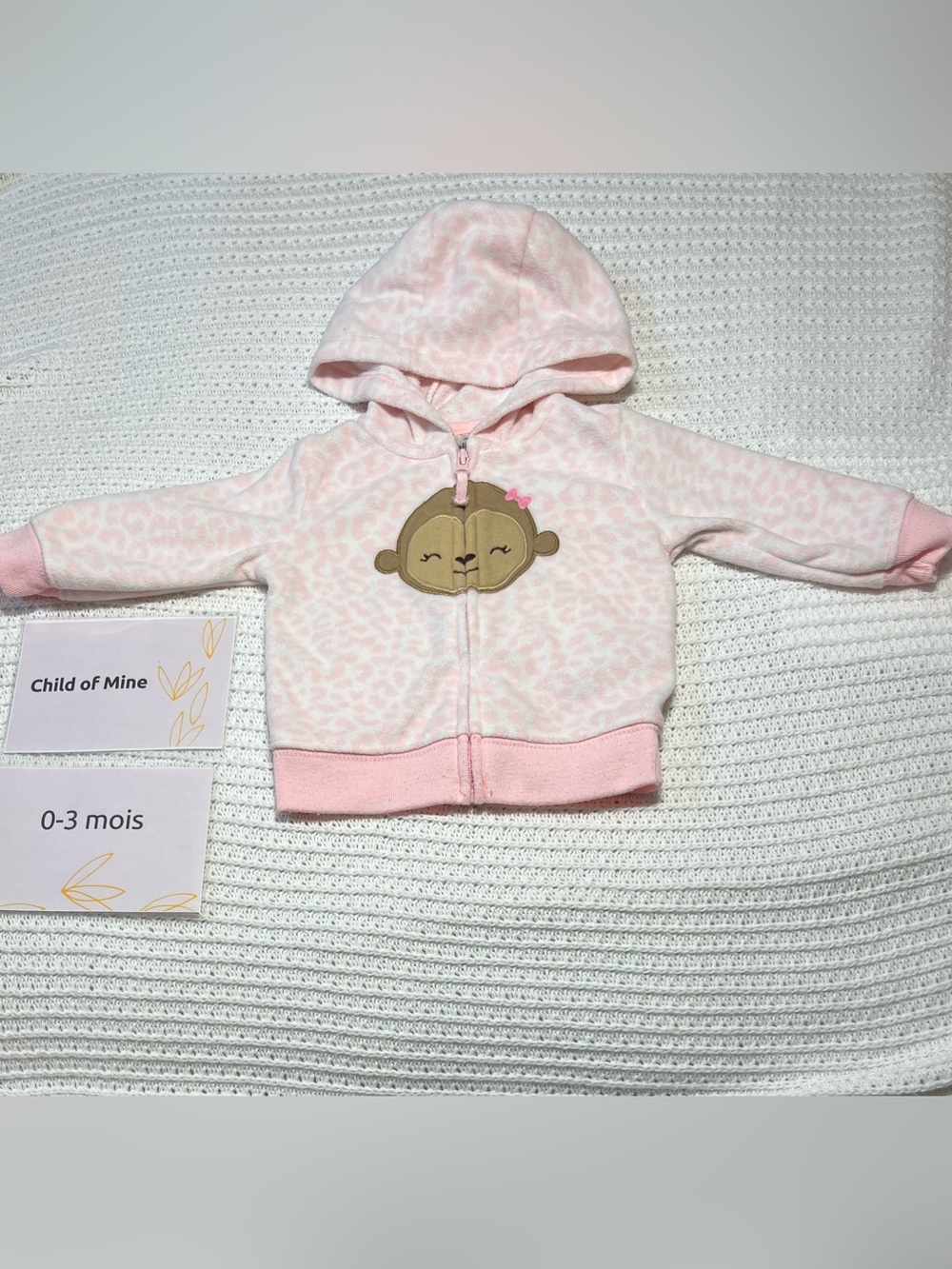 child of mine Pink Hooded Zip Jacket with Monkey Applique